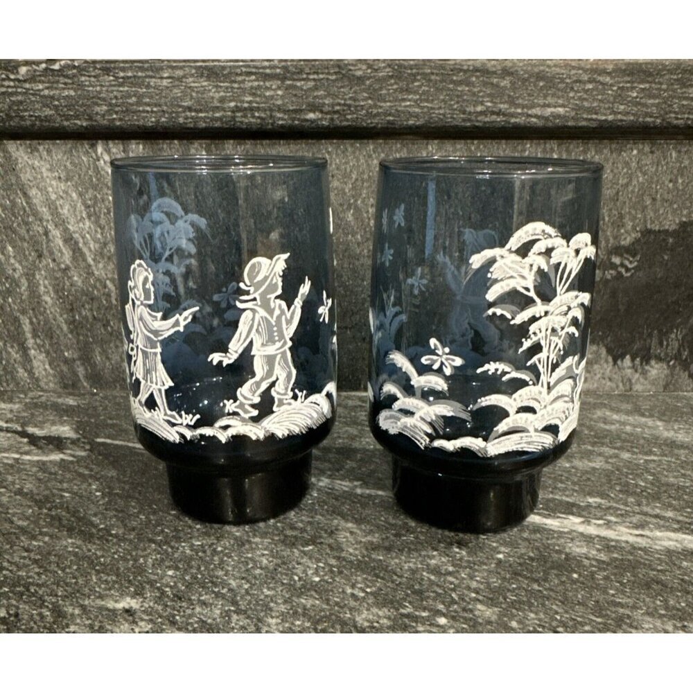 VTG Set of 2 Libbey Mary Gregory Style Blue Drinking Glasses Tumblers 12 oz